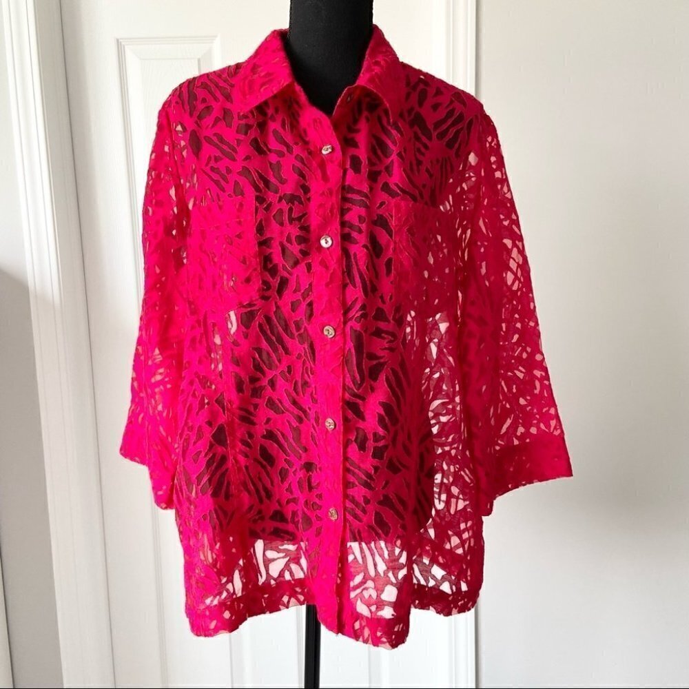 White Stag Lace Semi Sheer Button Down Blouse